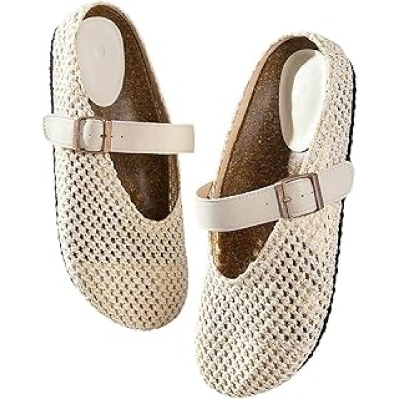 Women's Straw Woven Mary Jane Shoes Dressy Hollow Out Round Closed Toe Ballet Flats Vacation Crochet Shoes