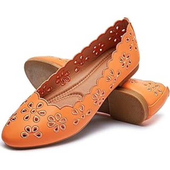 FRACORA Women's Ballet Flat Shoes Black PU Leather Dress Shoes Comfortable Round Head One Step Flat Shoes with Breathable Perforations